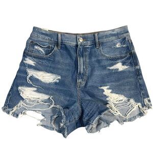 American Eagle Highest Rise 90s Boyfriend Denim Shorts Size 8 Blue Distressed